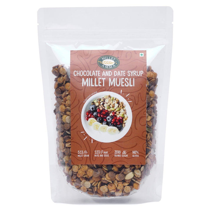 Millet Amma Chocolate Muesli 300 Gms Pack | Coated with Chocolate and Date Syrup | Gluten free, Best Choice for Organic Millet Snacks & Breakfast Cereal | Rich in Fiber