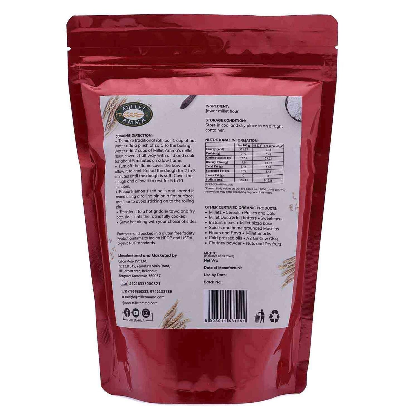 Jowar Millet Flour Organic 500 G