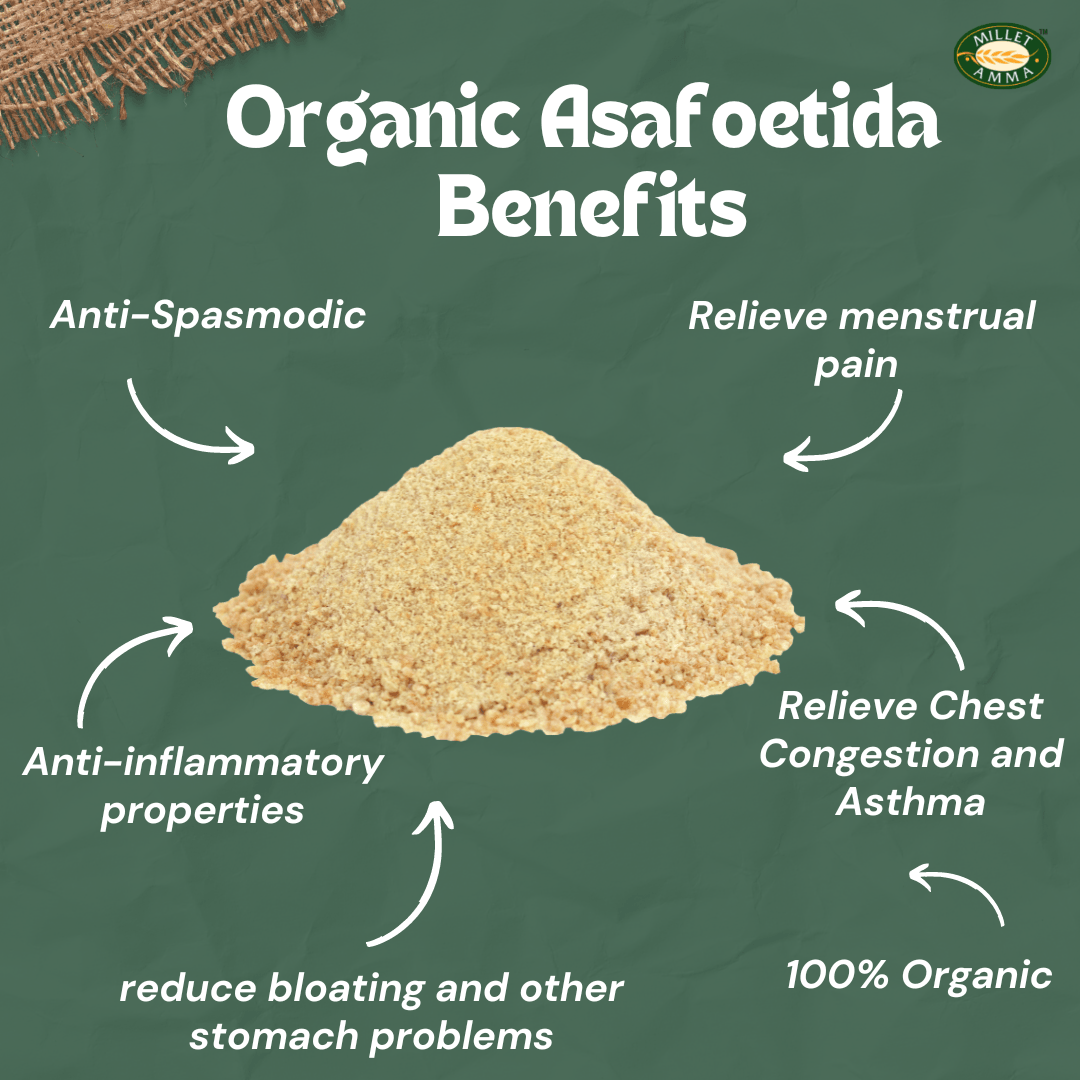 Millet Amma Organic Asafoetida (Hing) 50 Gms | 100% Vegan & Gluten Free | Aromatic Cooking Spice | Contains Anti-Spasmodic & Anti-inflammatory Properties