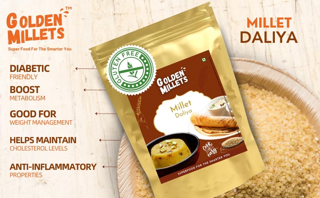 Golden Millets Daliya Gluten Free | No Preservative | Help For Weight Loss | Diabetic - Friendly | Jowar Daliya | Bajra Daliya | Ragi Daliya | (500 grams x 3)