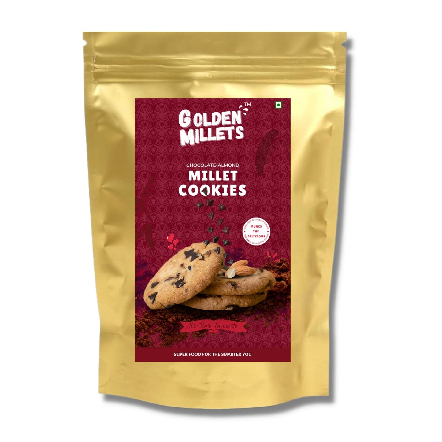 GOLDEN MILLETS Chocolate Almond Cookies | 60% millet flour and whole wheat flour and 0% maida | Cocoa and Almonds Flovour | A perfect Tea and Coffee time Snack (Pack of 1)