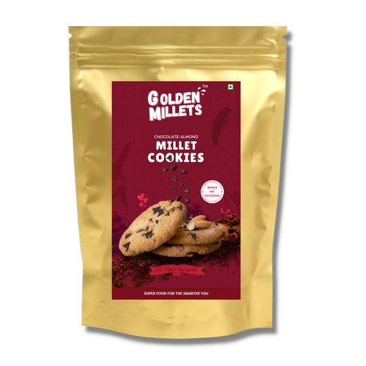 GOLDEN MILLETS Chocolate Almond Cookies | 60% millet flour and whole wheat flour and 0% maida | Cocoa and Almonds Flovour | A perfect Tea and Coffee time Snack (Pack of 1)
