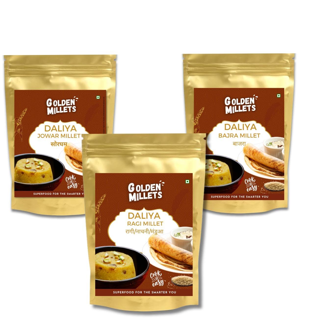Golden Millets Daliya Gluten Free | No Preservative | Help For Weight Loss | Diabetic - Friendly | Jowar Daliya | Bajra Daliya | Ragi Daliya | (500 grams x 3)