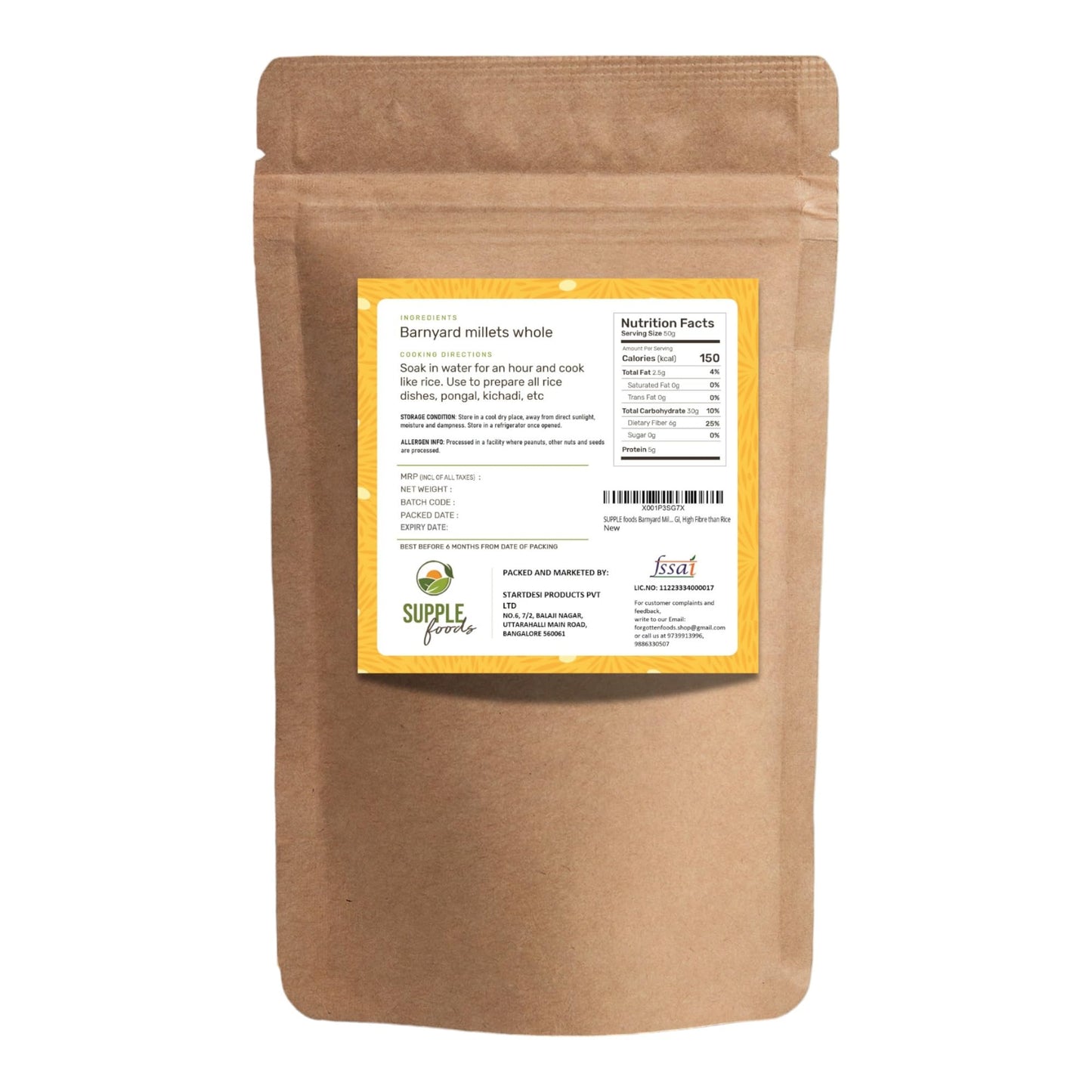 SUPPLE foods Barnyard Millet, 1600g - Native Whole Grains (Kuthiravalli, Samvat ke Chawal, Oodalu), Low GI, High Fibre than Rice