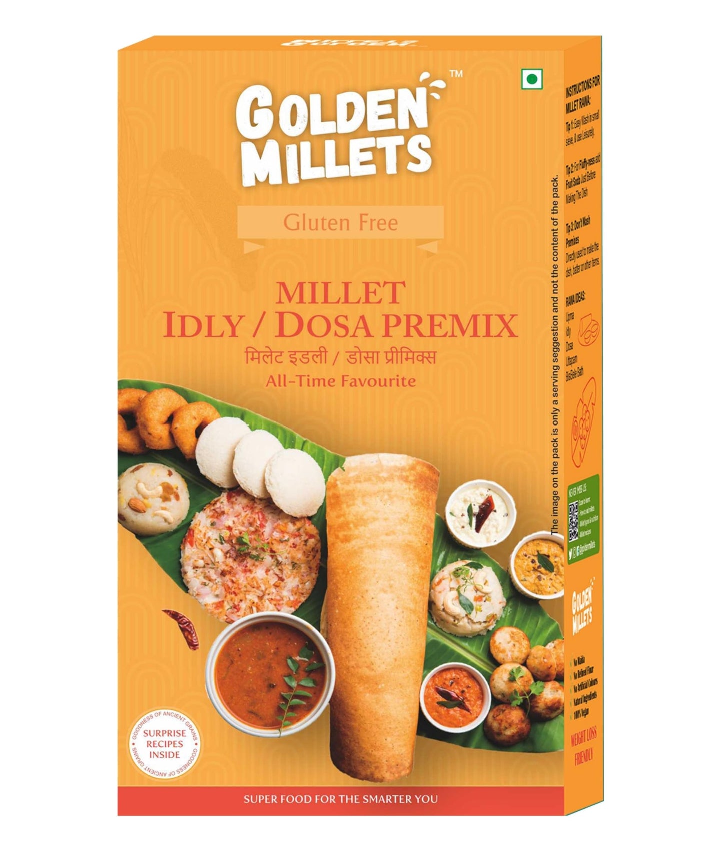 Golden Millets Idli Dosa Premix – 250g | Instant South Indian Breakfast Mix | Soft Idlis & Crispy Dosas | No Preservatives | Ready in Minutes | Easy to Prepare