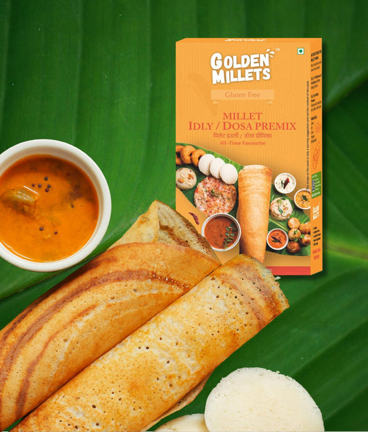 Golden Millets Idli Dosa Premix – 250g | Instant South Indian Breakfast Mix | Soft Idlis & Crispy Dosas | No Preservatives | Ready in Minutes | Easy to Prepare